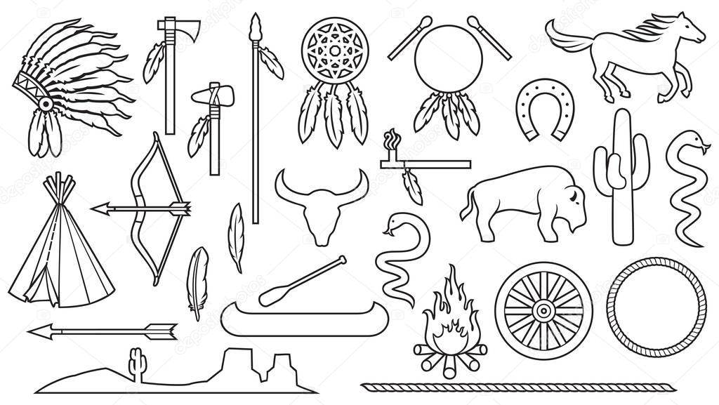 Native American Indians thin line icons set (bow and arrow, snake, horse, bison, cactus, tomahawk, axe, campfire, landscape, wigwam, chief headdress, canoe, peace pipe, dream catcher)