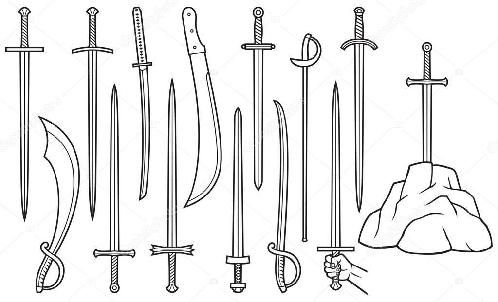 Swords thin line icons set (saber, machete, katana, Excalibur in the stone)