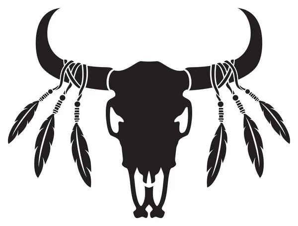 Cráneo Toro Vaca Nativo Americano Con Plumas Ilustración Vectorial — Vector de stock