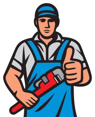 Tesisatçı bir ingiliz anahtarı tutuyor ve başparmaklarını kaldırıyor (tesisat servisi tasarımı)