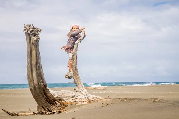 Young alone child girl siiting on dry wooden log — Stock Photo, Image