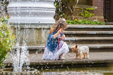bir Yorkshire Terrier ile oynayan kız çocuk