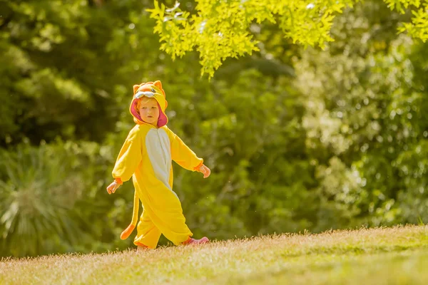 Menino vestido de leão brincando ao ar livre — Fotografia de Stock