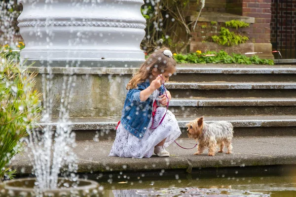 Barn flicka som leker med en Yorkshire Terrier — Stockfoto