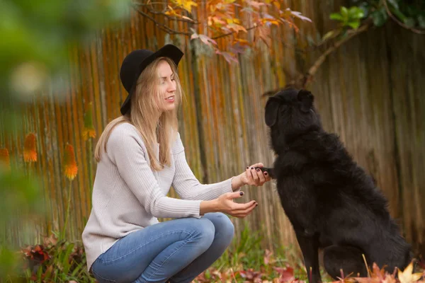 Krásná žena s černým psem — Stock fotografie