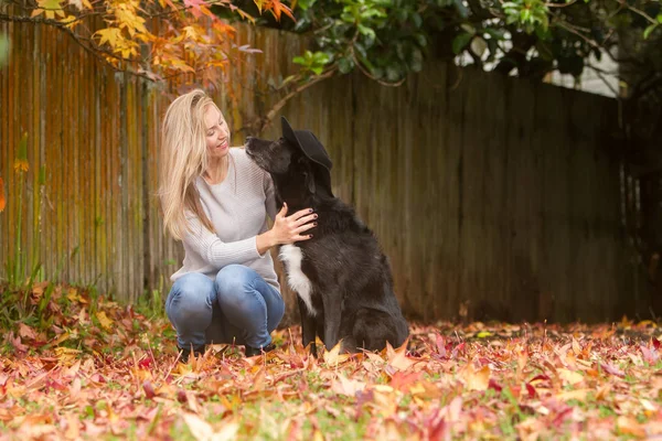 Mulher bonita com cão preto — Fotografia de Stock