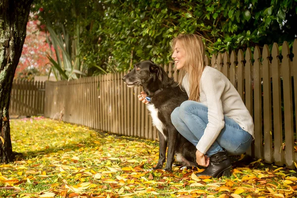 Mulher bonita com cão preto — Fotografia de Stock