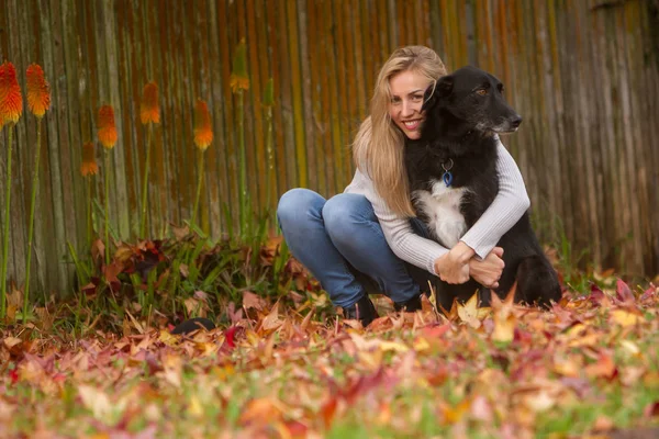 Mulher bonita com cão preto — Fotografia de Stock