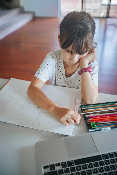 Indoor Portrait Young Caucasian Girl Drawing Home Home Schooling Online — Stock Photo, Image