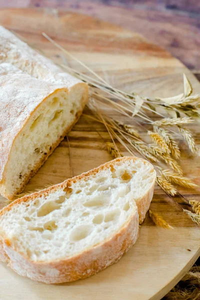 Freshly Baked Bread Wooden Background — Stock Photo, Image