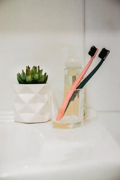 Tooth Brushes Bathroom White — Stock Photo, Image