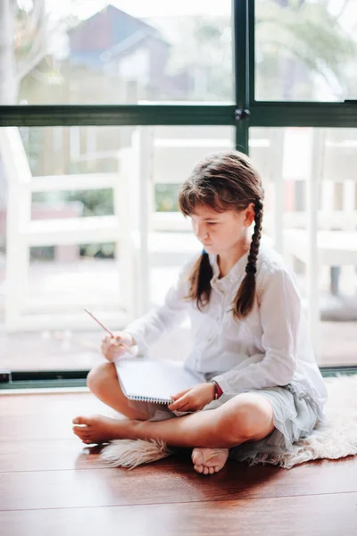 Indoor Portrait Young Child Girl Writing Home Window — Stock Photo, Image