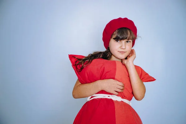 studio photo of a girl in pillow dress, pillow challenge, covid flash mob