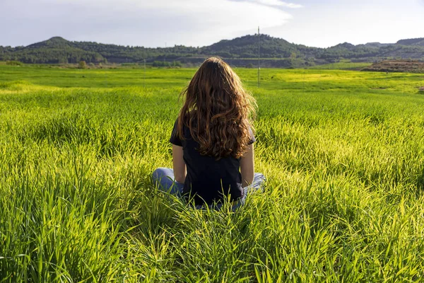 Mujer de pelo rojo caucásica joven, con el pelo largo y pecas, sentado en la hierba en una posición de yoga. mindfulness, meditación y escena relajante Fotos De Stock