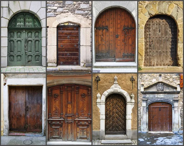 Puerta Madera Colorida País Europeo Puerta Antigua Pintoresca Antigua Collage — Foto de Stock