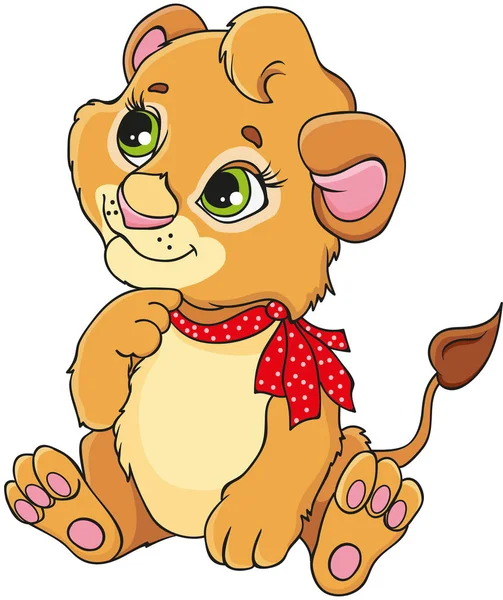 Лев Cartoon Lion Cub Red Bow Sits — стоковый вектор