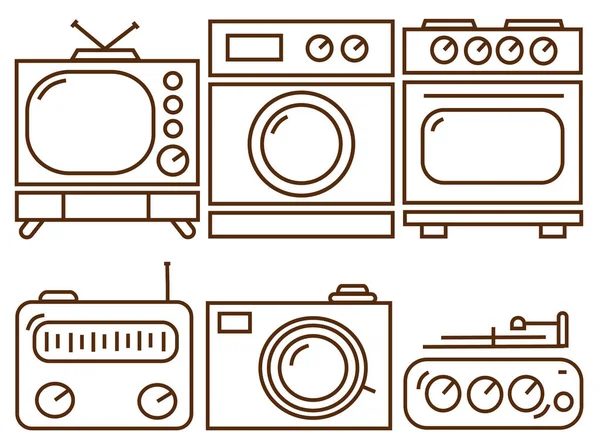 Set Vector Outlined Brown Icons Gadgets Washing Machine Gas Cooker — Stock Vector