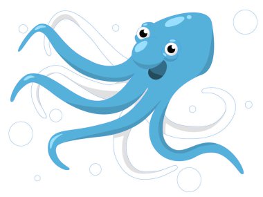   Mavi ve beyaz ahtapotun, etrafında büyük ve küçük ampullerle çizilmiş bir karikatür.