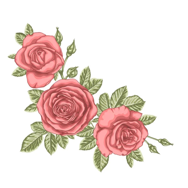 Schöner Strauß mit drei roten Rosen und Blättern. Blumenschmuck. — Stockvektor
