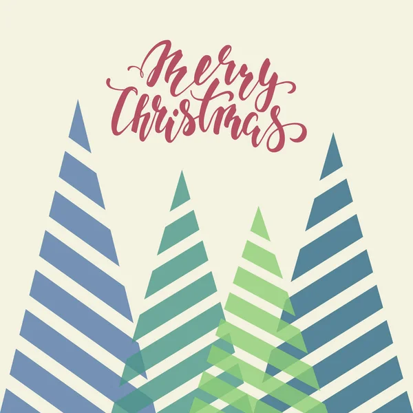 Vintage triangular estilizado árboles de Navidad. Caligrafía dibujada a mano Feliz Navidad . — Archivo Imágenes Vectoriales