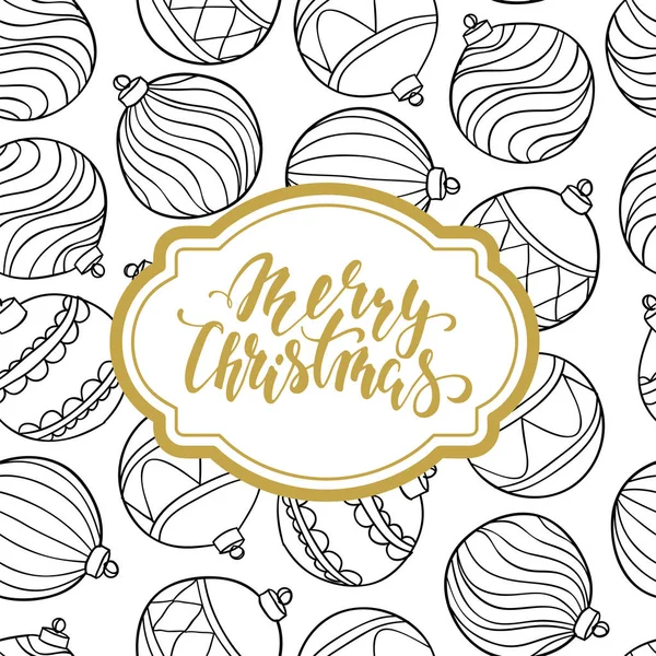 Černé a bílé vzor vánoční koule se zlatým rámem a nápis merry Christmas. — Stockový vektor