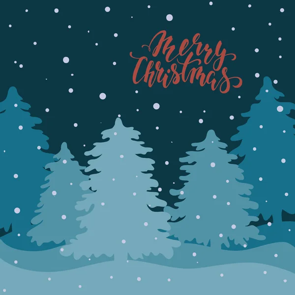 Paisaje nocturno con bosque de abeto. Caligrafía dibujada a mano Feliz Navidad — Archivo Imágenes Vectoriales