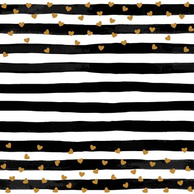 güzel siyah ve beyaz Sulu Boya çizgili arka plan altın kalpli.