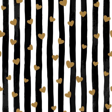 güzel siyah ve beyaz sorunsuz suluboya çizgili arka plan ile altın Kalpler.