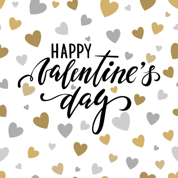 Feliz día de San Valentín. Caligrafía dibujada a mano y lápiz de pincel sobre fondo de corazones brillantes de oro y plata . — Vector de stock