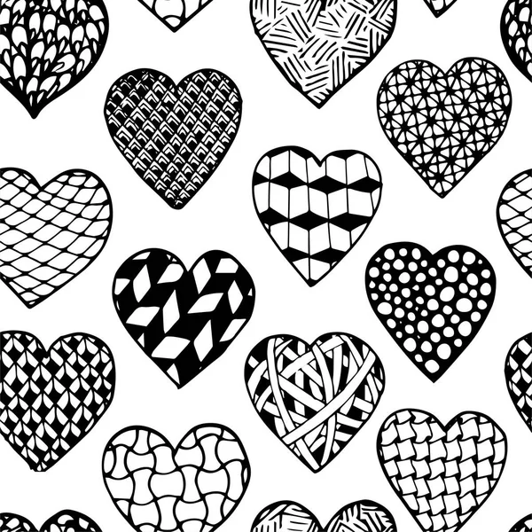 Krásné černobílé, černé a bílé bezešvé pozadí ručně kreslenou srdce. — Stockový vektor