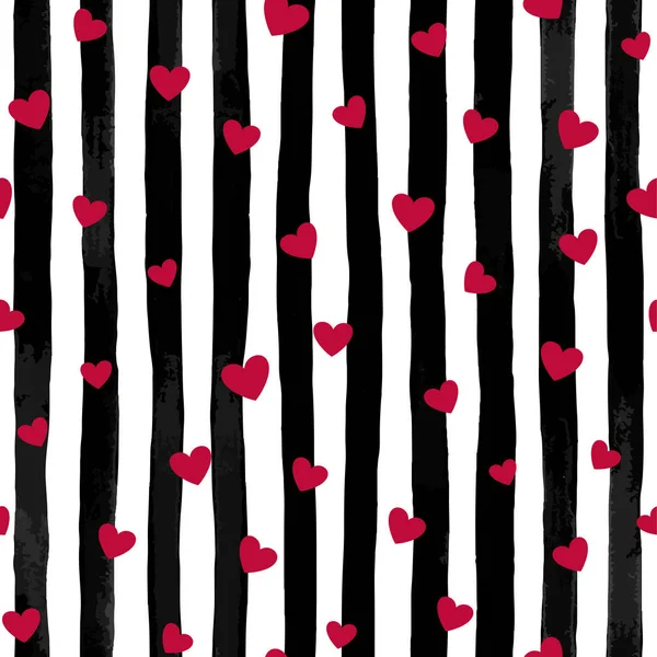 Hermoso fondo de rayas de acuarela sin costuras en blanco y negro con corazones rojos . — Vector de stock