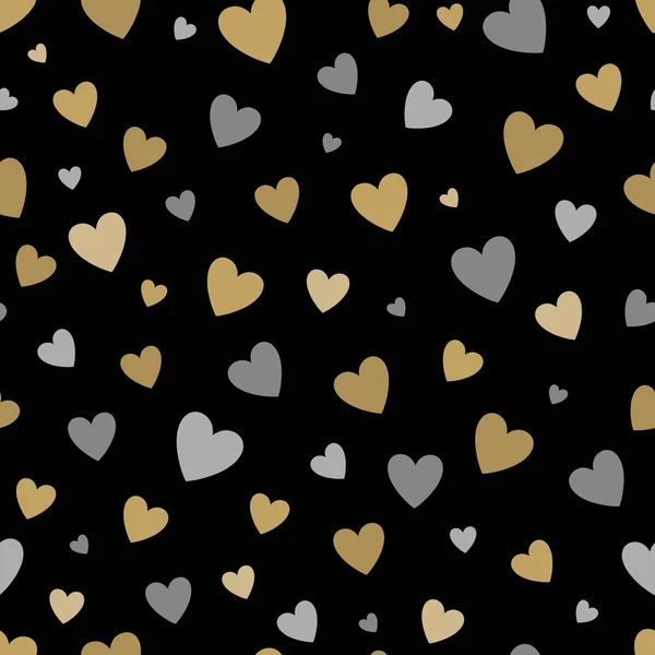 Beautiful seamless pattern with gold and silver glittering hearts on black background. — Stock Vector