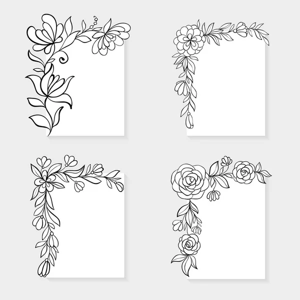 Set of black and white hand drawn corner floral borders. — Stock Vector