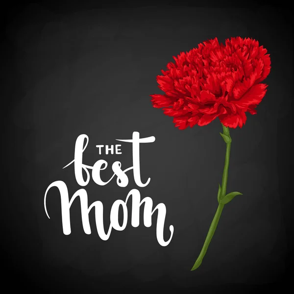 Die beste Mama. handgezeichneter Pinselstift-Schriftzug auf Schalotte mit roter Nelke. — Stockvektor