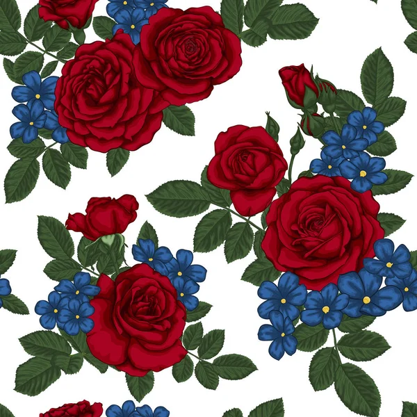 Beau motif vintage sans couture avec des bouquets de roses rouges et de feuilles . — Image vectorielle