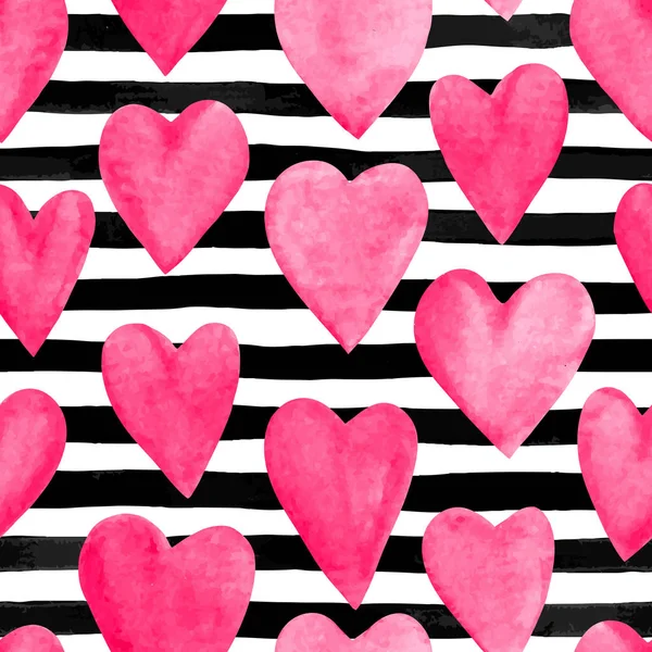 Schöner nahtloser Hintergrund mit rosa Aquarell-Herzen auf horizontaler Tinte, schwarzen und weißen Streifen. — Stockvektor