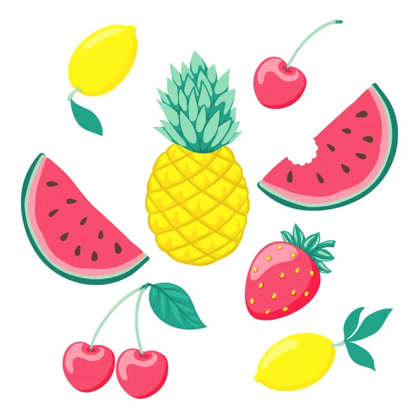 Uppsättning av stiliserade frukter, en symbol för sommaren. Samling av scrapbooking element. design för holiday gratulationskort och inbjudan av säsongsbetonade sommarlovet, strandfester, turism och resor. — Stock vektor