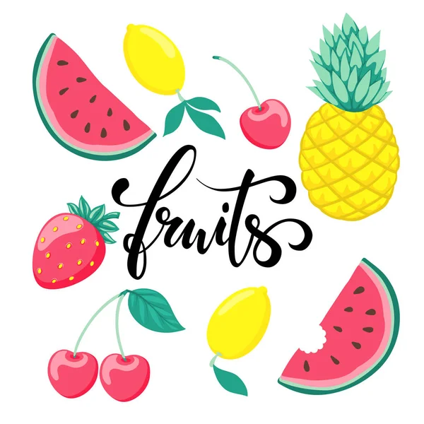 Conjunto de frutas, símbolo del verano. Frutas Caligrafía dibujada a mano y rotulación con brocha . — Archivo Imágenes Vectoriales