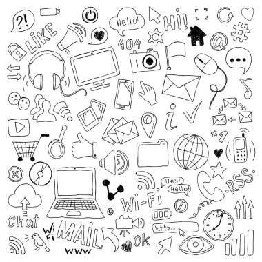 elle çizilmiş doodle büyük dizi karikatür nesneler ve simgeler sosyal medya konulu.