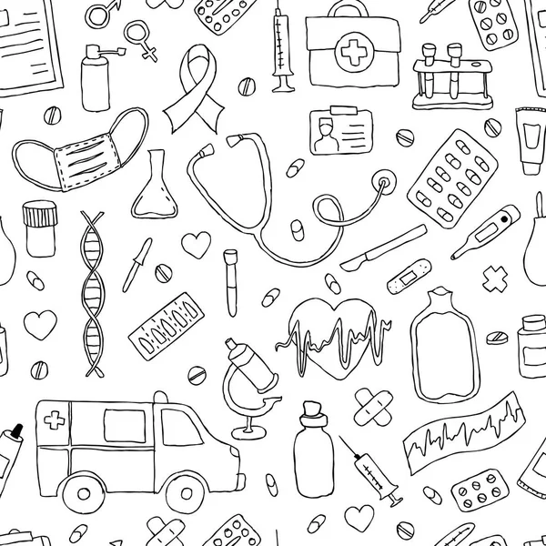 Padrão sem costura mão desenhado doodle medicina. Desenhado à mão —  Vetores de Stock