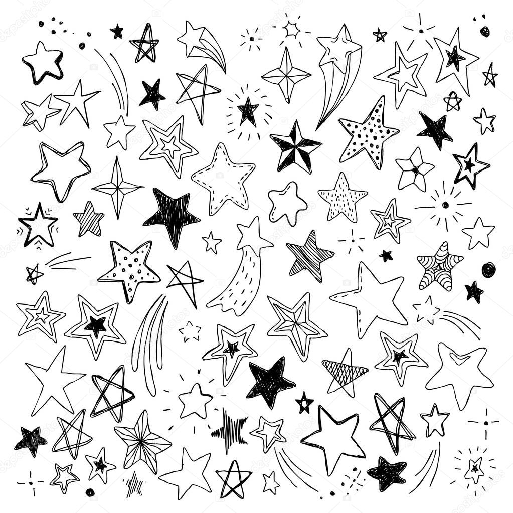Big set of hand drawn doodle stars black and white isolated on background.