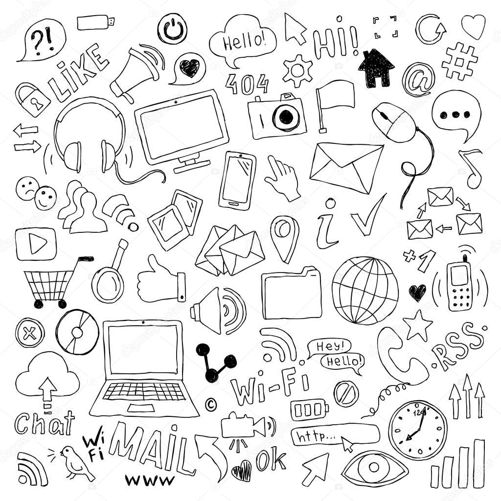 big set of hand drawn doodle cartoon objects and symbols on the Social Media theme.