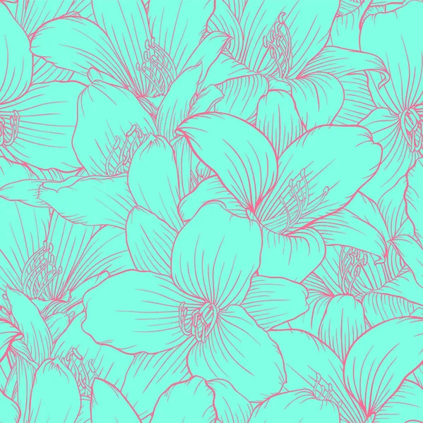 Piękny monochromatyczne, niebieski i różowy wzór bezszwowe z liliami. Ręcznie rysowane linie konturu. — Wektor stockowy