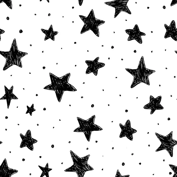 Hermoso patrón de cielo monocromo blanco y negro sin costuras con estrellas texturizadas, dibujadas a mano . — Archivo Imágenes Vectoriales