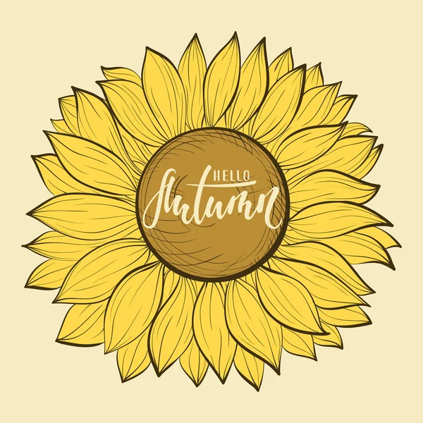 Beautiful vintage sunflower flower. Hello autumn. Hand drawn calligraphy and brush pen lettering. design for holiday greeting card and invitation of seasonal autumn holiday