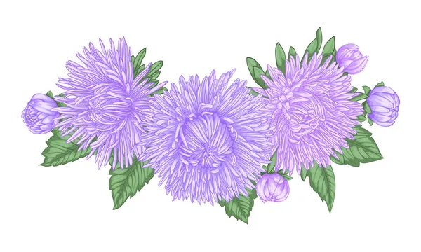 Πανέμορφο μπουκέτο με μωβ asters και φύλλα. Floral ρύθμιση. Ευχετήρια κάρτα για το σχεδιασμό και η πρόσκληση από το γάμο, γενέθλια, ημέρα του Αγίου Βαλεντίνου, ημέρα της μητέρας και άλλες διακοπές — Διανυσματικό Αρχείο