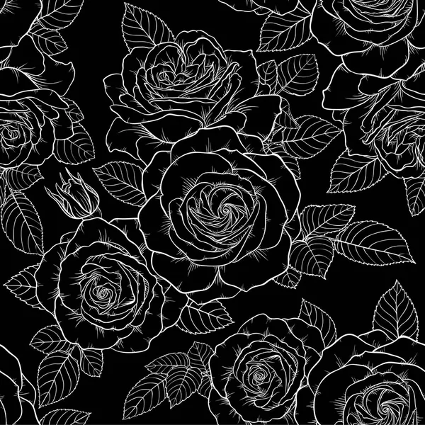 Schönes monochromes schwarz-weißes nahtloses Muster mit Rosen, Blättern. Handgezeichnete Höhenlinien. — Stockvektor