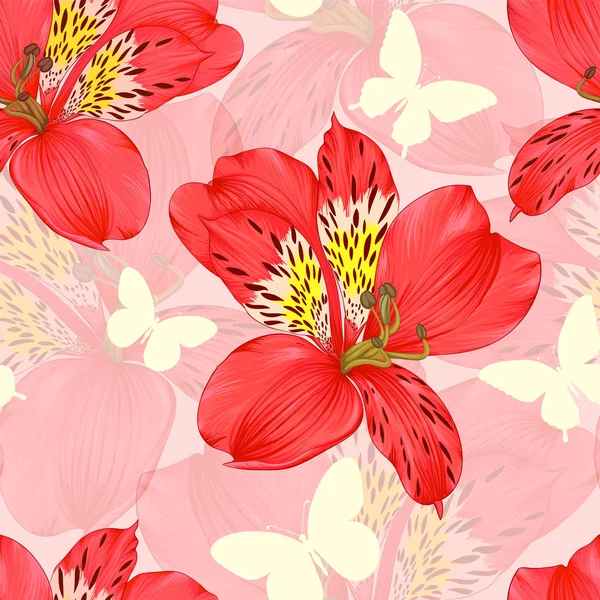 Silhoette 蝶赤アルストロメリアの花を持つ美しいシームレスな背景。グリーティング カードと招待状結婚式、誕生日、バレンタインデー、母の日、その他の季節の休日を設計します。. — ストックベクタ