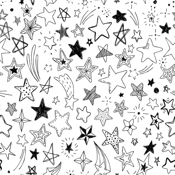 美しいシームレス パターン手描き落書き星黒と白の背景に分離 — ストックベクタ