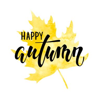 Merhaba sonbahar metin sarı suluboya akçaağaç yaprağı üzerinde çizilen hat el, kalem yazı fırça. tatil tebrik kartı ve daveti üzerine sonbahar tatil, alışveriş promo broşür tasarım,